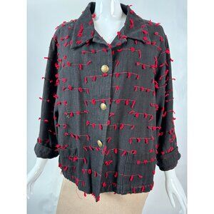 Vintage Black & Red Cactus Flower Jacket With Textured Knot Detailing & Brass Bu